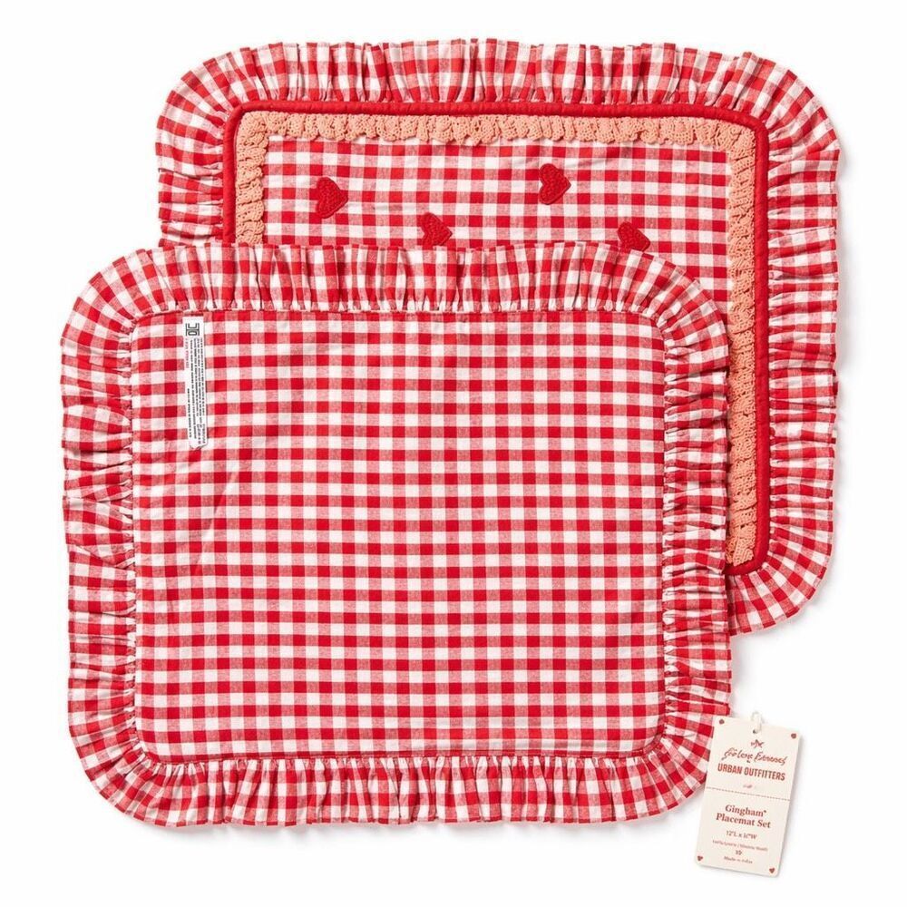 For Love & Lemons UO Gingham Ruffle Placemats Set Red Cottagecore Farmhouse NWT